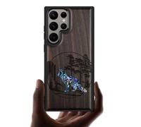 Carveit Designer Wooden Case for Samsung Galaxy S24 Ultra Case [Wood Engraving & Shell Inlay] Compatible with Wireless Chargers S24 Ultra Case (Fox and woods-Blackwood)