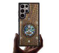 Carveit Designer Wooden Case for Samsung Galaxy S24 Ultra - Walnut with Thors Hammer Engraving & Shell Inlay, Compatible with Wireless Chargers