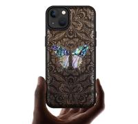 Carveit Designer Wooden Protective Case for iPhone 14 Plus Magnetic Case Cover [Wood Engraving & Shell Inlay] Compatible with 14 Plus MagSafe Case (Baroque Butterfly-Walnut)