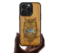 Carveit Designer Wooden Protective Case for iPhone 16 Pro Magnetic Case Cover [Wood Engraving & Shell Inlay] Compatible with 16 Pro MagSafe Case (An Owl Perched on a Branch-Cherry)