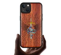 Carveit Designer Wooden Protective Magnetic Case for iPhone 14 Plus Case [Wood Engraving & Shell Inlay] Wood Phone Cover Compatible with 14 Plus MagSafe (Serpent Winged Sword-Rosy)