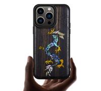 Carveit Designer Wooden Protective Magnetic Case for iPhone 14 Pro Case [Wood Engraving & Shell Inlay] Wood Phone Cover Compatible with 14 Pro MagSafe (The Dragon's Ascent-Blackwood)