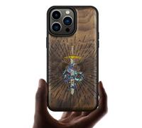 Carveit Designer Wooden Protective Magnetic Case for iPhone 14 Pro Max Case [Wood Engraving & Shell Inlay] Wood Phone Cover Compatible with 14 Pro Max MagSafe (Serpent Winged Sword-Walnut)