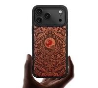 Carveit Magnetic Case for iPhone 17 Pro Case, Wood Artisan Engraved & Handmade Shell Inlaid, TPU Shockproof Cover, Compatible with MagSafe Wireless Chargers (Phoenix in Symmetry-Rosy)