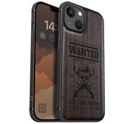 Carveit Magnetic Wood Case for iPhone 13 Case [Hard Real Wood & Soft TPU] Unique & Classy Wooden Shockproof Hybrid Protective Cover Compatible with MagSafe (Outlaw Skull Wanted -Blackwood)