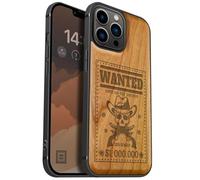 Carveit Magnetic Wood Case for iPhone 13 Pro Max [Hard Real Wood & Soft TPU] Unique & Classy Wooden Shockproof Hybrid Protective Cover Compatible with MagSafe (Outlaw Skull Wanted -Cherry)