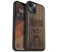 Carveit Magnetic Wood Case for iPhone 14 Plus - Natural Wood & Black Soft TPU - Shockproof Protective Cover - Unique & Classy Wooden Case - Compatible with MagSafe (Outlaw Skull Wanted -Walnut)
