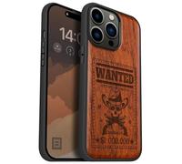 Carveit Magnetic Wood Case for iPhone 14 Pro Max [Natural Wood & Black Soft TPU] Unique & Classy Wooden Shockproof Protective Cover Compatible with magsafe (Outlaw Skull Wanted -Rosy)