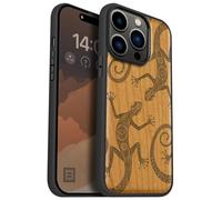 Carveit Magnetic Wood Case for iPhone 14 Pro - Natural Wood & Black Soft TPU - Shockproof Protective Cover - Unique & Classy Wooden Case - Compatible with MagSafe (Tribal Gecko -Cherry)