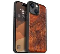 Carveit Magnetic Wood Case for iPhone 15 Case [Solid Wood & Black Soft TPU] Shockproof Protective Cover Unique Wooden Case Compatible with magsafe (Ornate Lion's Head -Red Wood)