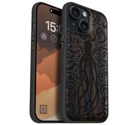Carveit Magnetic Wood Case for iPhone 15 Case [Solid Wood & Black Soft TPU] Shockproof Protective Cover Unique Wooden Case Compatible with magsafe (Octopus's Nocturne -Blackwood)