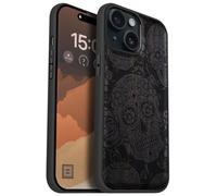 Carveit Magnetic Wood Case for iPhone 15 Case [Solid Wood & Black Soft TPU] Shockproof Protective Cover Unique Wooden Case Compatible with magsafe (Dance of the Sugar Skulls -Blackwood)