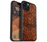 Carveit Magnetic Wood Case for iPhone 15 Plus Case [Solid Wood & Black Soft TPU] Shockproof Protective Cover Unique Wooden Case Compatible with magsafe (Dragon's Gaze Mandala -Red Wood)