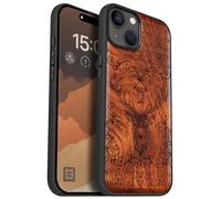 Carveit Magnetic Wood Case for iPhone 15 Plus Case [Solid Wood & Black Soft TPU] Shockproof Protective Cover Unique Wooden Case Compatible with magsafe (Deer of the Enchanted Forest -Red Wood)