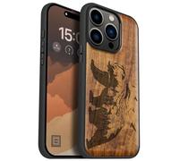 Carveit Magnetic Wood Case for iPhone 15 Pro Case [Solid Wood & Black Soft TPU] Shockproof Protective Cover Unique Wooden Case Compatible with magsafe (Bear and valleys -Walnut)