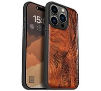Carveit Magnetic Wood Case for iPhone 15 Pro Case [Solid Wood & Black Soft TPU] Shockproof Protective Cover Unique Wooden Compatible with magsafe (The Great Wave Off Kanagawa -Red)