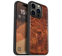 Carveit Magnetic Wood Case for iPhone 15 Pro Case [Solid Wood & Black Soft TPU] Shockproof Protective Cover Unique Wooden Case Compatible with magsafe (Radiant Sun and Moon -Red Wood)