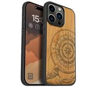 Carveit Magnetic Wood Case for iPhone 15 Pro Max [Solid Wood & Black Soft TPU] Shockproof Protective Cover Unique Wooden Case Compatible with magsafe (Wave Compass -Cherry)