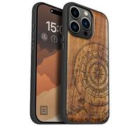 Carveit Magnetic Wood Case for iPhone 15 Pro Max [Solid Wood & Black Soft TPU] Shockproof Protective Cover Unique Wooden Case Compatible with magsafe (Wave Compass -Walnut)
