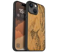 Carveit Magnetic Wood Case for iPhone 15 - Solid Wood & Black Soft TPU Shockproof Protective Cover - Unique Wooden Case Compatible with MagSafe (The Great Wave Off Kanagawa - Cherry)