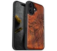 Carveit Magnetic Wood Case for iPhone 16 Case [Solid Wood & Black Soft TPU] Shockproof Protective Cover Unique Wooden Case Compatible with magsafe (Ornate Lion's Head -Red Wood)