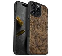 Carveit Magnetic Wood Case for iPhone 16 Pro Max [Solid Wood & Black Soft TPU] Shockproof Protective Cover Unique Wooden Case Compatible with magsafe (Lion in Aztec style -Walnut)