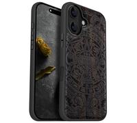 Carveit Magnetic Wood Case for iPhone 16 - Solid Wood & Black Soft TPU - Shockproof Protective Cover - Unique Wooden Case - Compatible with Magsafe - The Maya Calendar - Blackwood