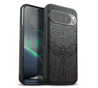 Carveit Magnetic Wooden Case for Google Pixel 10 / Pixel 10 Pro Case, Wood Artisan Engraved & Soft TPU Shockproof Cover, Compatible with MagSafe Wireless Chargers (Death's Head moth) Blackwood