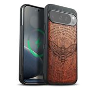 Carveit Magnetic Wooden Case for Google Pixel 10 / Pixel 10 Pro Case, Wood Artisan Engraved & Soft TPU Shockproof Cover, Compatible with MagSafe Wireless Chargers (Death's Head moth) Rosy