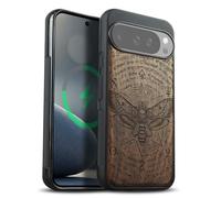 Carveit Magnetic Wooden Case for Google Pixel 10 / Pixel 10 Pro Case, Wood Artisan Engraved & Soft TPU Shockproof Cover, Compatible with MagSafe Wireless Chargers (Death's Head moth) Walnut