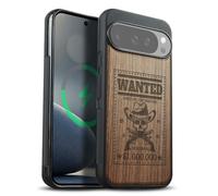 Carveit Magnetic Wooden Case for Google Pixel 10 Pro XL Case, Wood Artisan Engraved & Soft TPU Shockproof Cover, Compatible with MagSafe Wireless Chargers (Outlaw Skull Wanted) Walnut