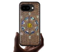 Carveit Magnetic Wooden Case for Google Pixel 10a Case, Wood Artisan Engraved & Handmade Shell Inlaid, Compatible with MagSafe Wireless Chargers (The Sun God and Octagonal Star) Walnut