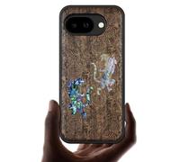 Carveit Magnetic Wooden Case for Google Pixel 10a Case, Wood Artisan Engraved & Handmade Shell Inlaid, Compatible with MagSafe Wireless Chargers (Tiger Amidst Flowers) Walnut