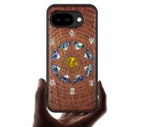 Carveit Magnetic Wooden Case for Google Pixel 10a Case, Wood Artisan Engraved & Handmade Shell Inlaid, Compatible with MagSafe Wireless Chargers (The Sun God and Octagonal Star) Rosy
