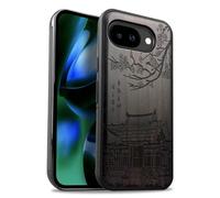 Carveit Magnetic Wooden Case for Google Pixel 10a Case, Wood Artisan Engraved & Soft TPU Shockproof Cover, Compatible with MagSafe Wireless Chargers (Traditional Temple) Blackwood