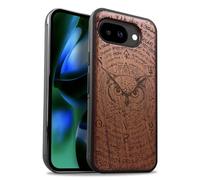 Carveit Magnetic Wooden Case for Google Pixel 10a Case, Wood Artisan Engraved & Soft TPU Shockproof Cover, Compatible with MagSafe Wireless Chargers (Owl's Gaze) Rosy