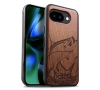Carveit Magnetic Wooden Case for Google Pixel 10a Case, Wood Artisan Engraved & Soft TPU Shockproof Cover, Compatible with MagSafe Wireless Chargers (The Tarpon's Leap) Rosy
