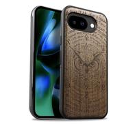 Carveit Magnetic Wooden Case for Google Pixel 10a Case, Wood Artisan Engraved & Soft TPU Shockproof Cover, Compatible with MagSafe Wireless Chargers (Owl's Gaze) Walnut