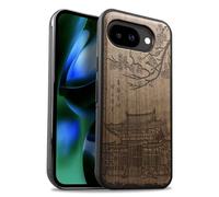 Carveit Magnetic Wooden Case for Google Pixel 10a Case, Wood Artisan Engraved & Soft TPU Shockproof Cover, Compatible with MagSafe Wireless Chargers (Traditional Temple) Walnut