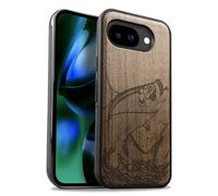 Carveit Magnetic Wooden Case for Google Pixel 10a Case, Wood Artisan Engraved & Soft TPU Shockproof Cover, Compatible with MagSafe Wireless Chargers (The Tarpon's Leap) Walnut