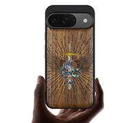 Carveit Magnetic Wooden Case for Google Pixel 9 Case, Wood Artisan Engraved & Handmade Shell Inlaid, Compatible with MagSafe Wireless Chargers, Serpent Winged Sword - Walnut