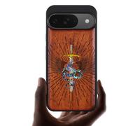Carveit Magnetic Wooden Case for Google Pixel 9 Case, Wood Artisan Engraved & Handmade Shell Inlaid, Compatible with MagSafe Wireless Chargers, Serpent Winged Sword - Rosy