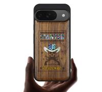 Carveit Magnetic Wooden Case for Google Pixel 9 Case, Wood Artisan Engraved & Handmade Shell Inlaid, Compatible with MagSafe Wireless Chargers, Outlaw Skull Wanted - Walnut