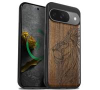 Carveit Magnetic Wooden Case for Google Pixel 9 Case, Wood Artisan Engraved & Soft TPU Shockproof Cover, Compatible with MagSafe Wireless Chargers (Ornate Lion's Head) Walnut