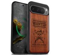 Carveit Magnetic Wooden Case for Google Pixel 9 Pro XL Case, Wood Artisan Engraved & Soft TPU Shockproof Cover, Compatible with MagSafe Wireless Chargers (Outlaw Skull Wanted) Rosy