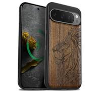 Carveit Magnetic Wooden Case for Google Pixel 9 Pro XL Case, Wood Artisan Engraved & Soft TPU Shockproof Cover, Compatible with MagSafe Wireless Chargers (Ornate Lion's Head) Walnut