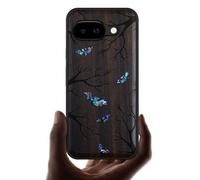 Carveit Magnetic Wooden Case for Google Pixel 9a Case, Wood Artisan Engraved & Handmade Shell Inlaid, Compatible with MagSafe Wireless Chargers (Bats Amidst Moonlit Branches) Blackwood