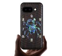 Carveit Magnetic Wooden Case for Google Pixel 9a Case, Wood Artisan Engraved & Handmade Shell Inlaid, Compatible with MagSafe Wireless Chargers (Spider Amidst Mystical Runes) Blackwood