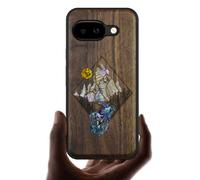 Carveit Magnetic Wooden Case for Google Pixel 9a Case, Wood Artisan Engraved & Handmade Shell Inlaid, Compatible with MagSafe Wireless Chargers (Mountain Path) Walnut