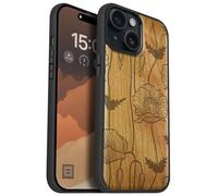 Carveit Magnetic Wooden Case for iPhone 15 Case, Compatible with MagSafe Wireless Chargers, Black Soft TPU Shockproof Cover & Wood Artisan Engraved (Elegant Poppies) - Cherry